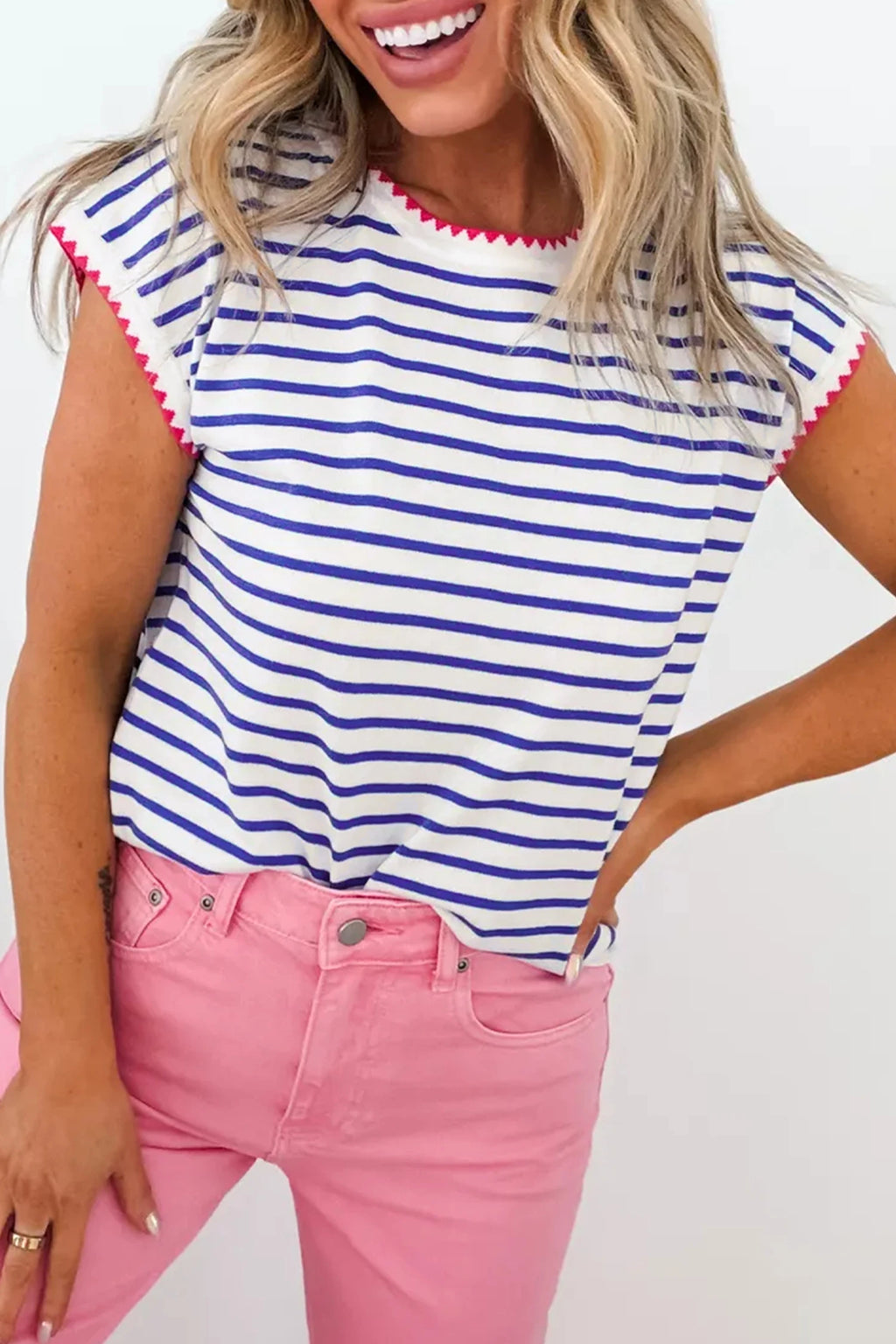 Trim Neck Striped Top