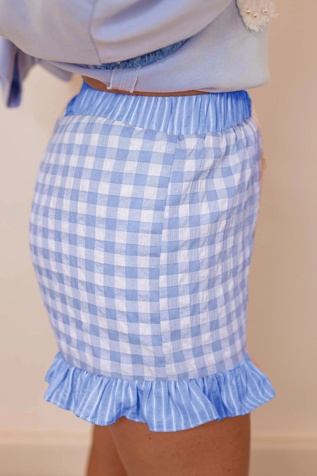 Blue Gingham Ruffle Shorts