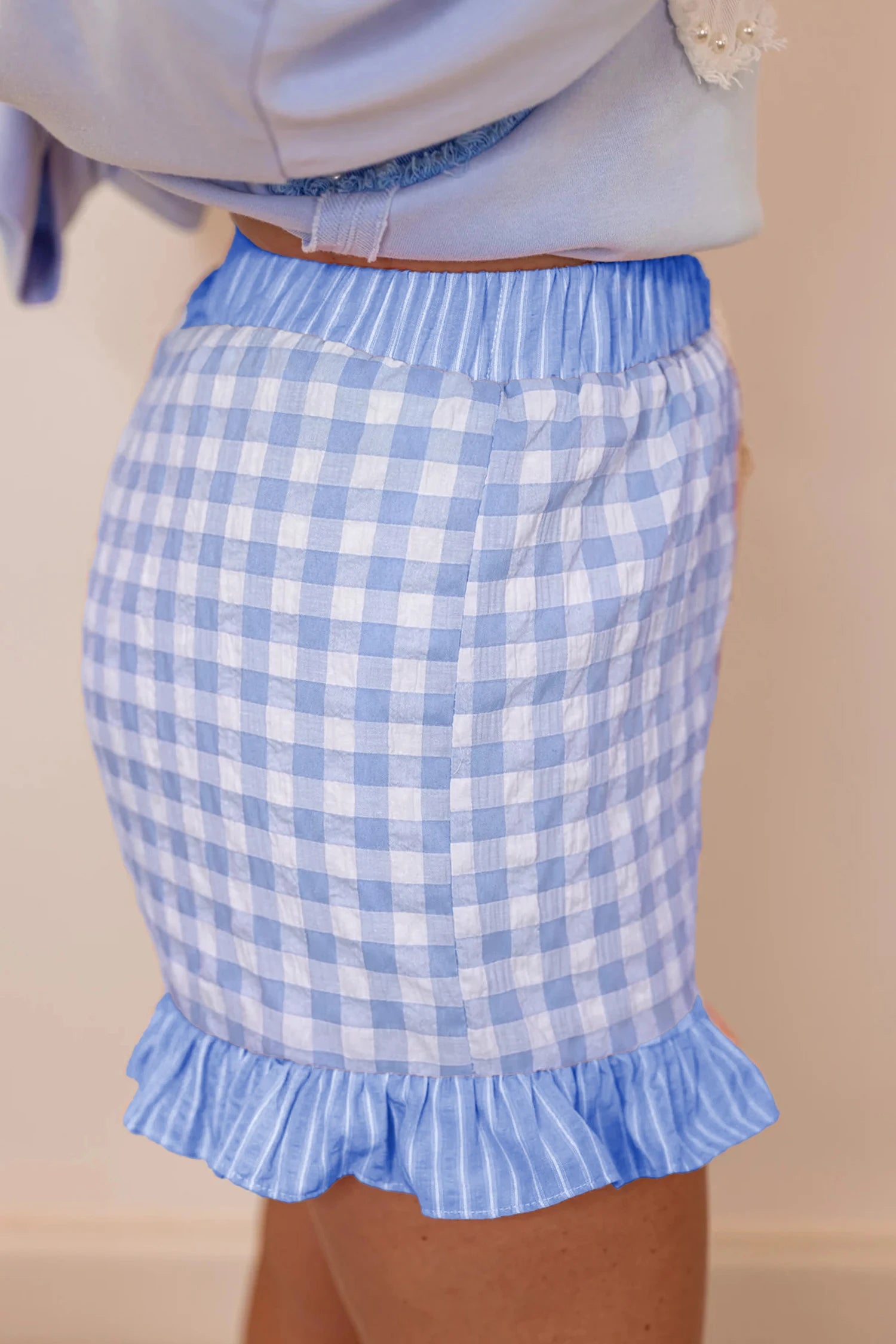 Blue Gingham Ruffle Shorts