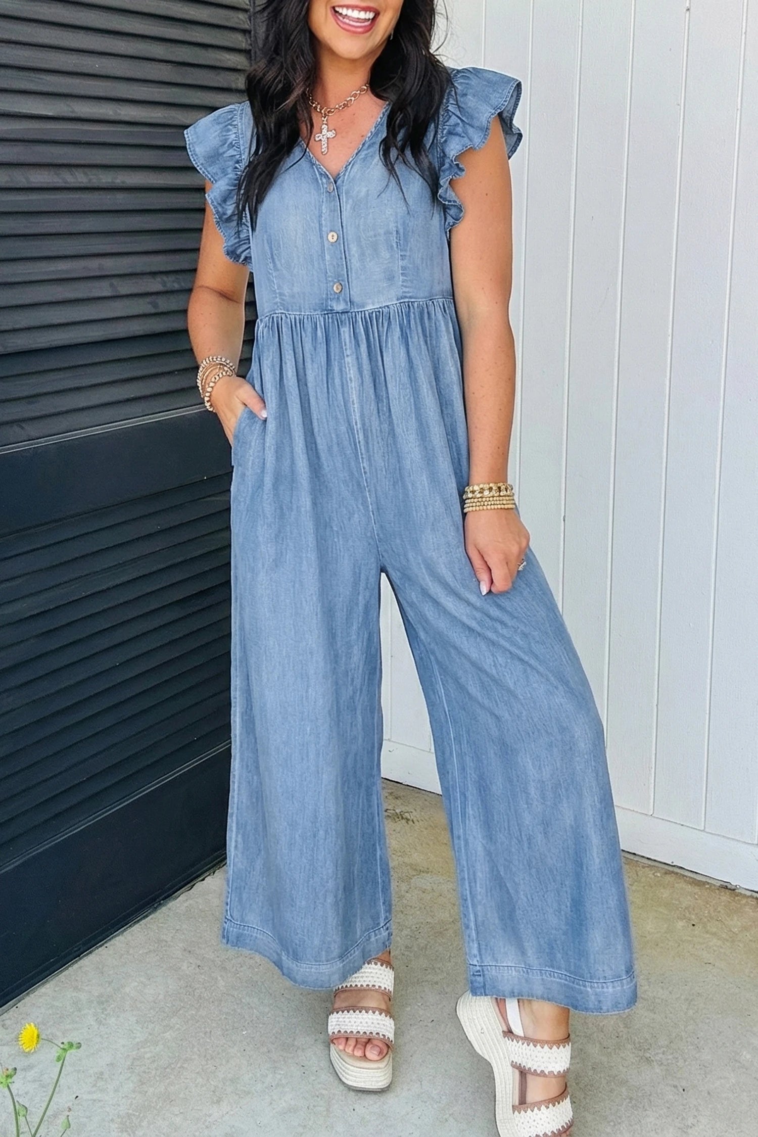 Denim Ruffle Sleeve Jumpsuit