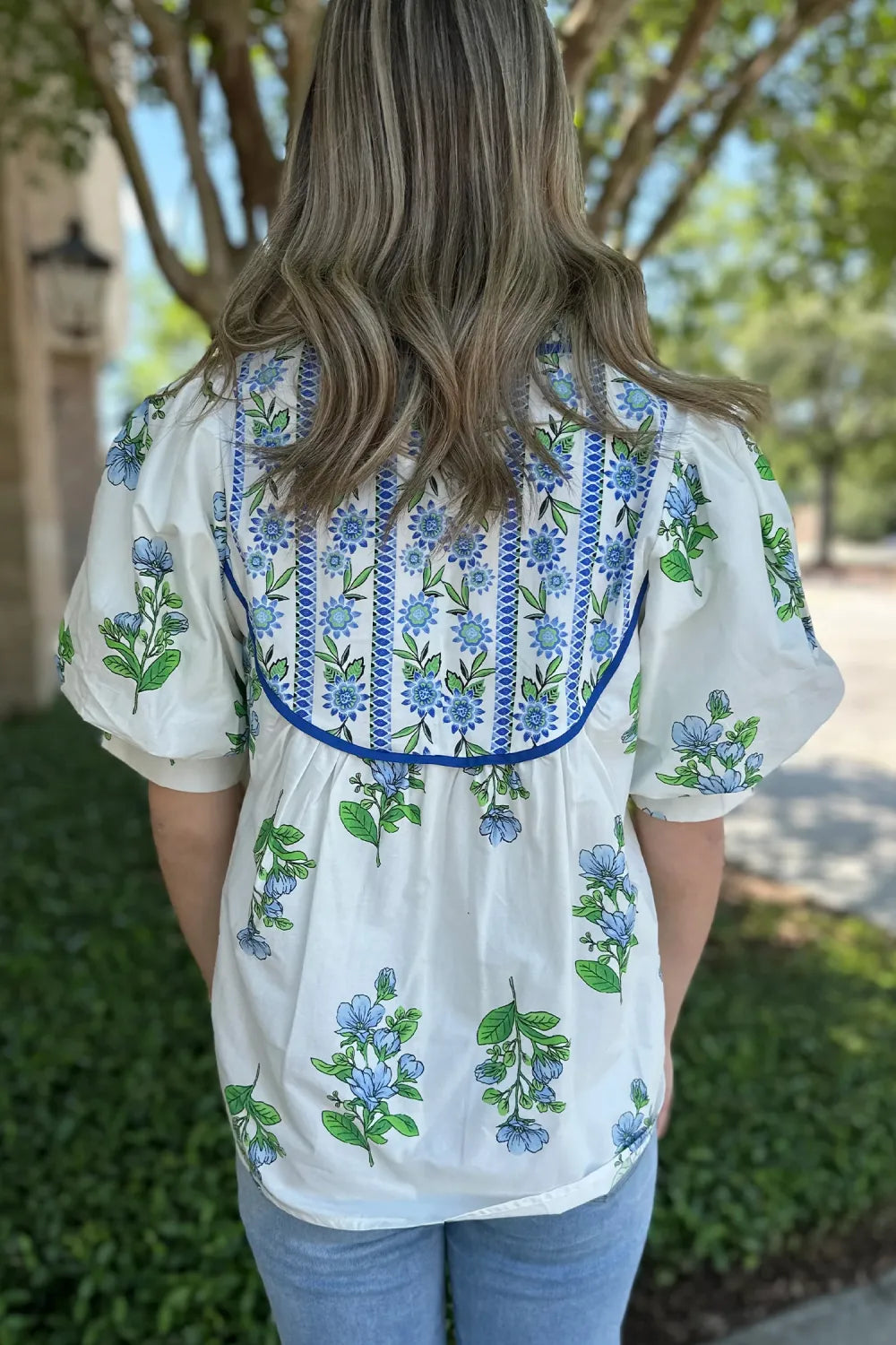 Blue Floral Puff Sleeve Blouse