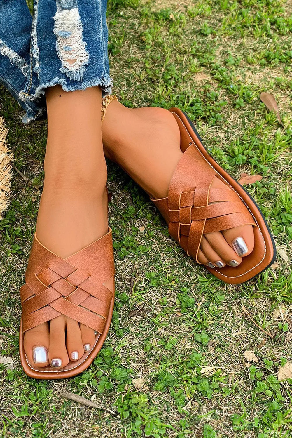 Woven Faux Leather Sandals