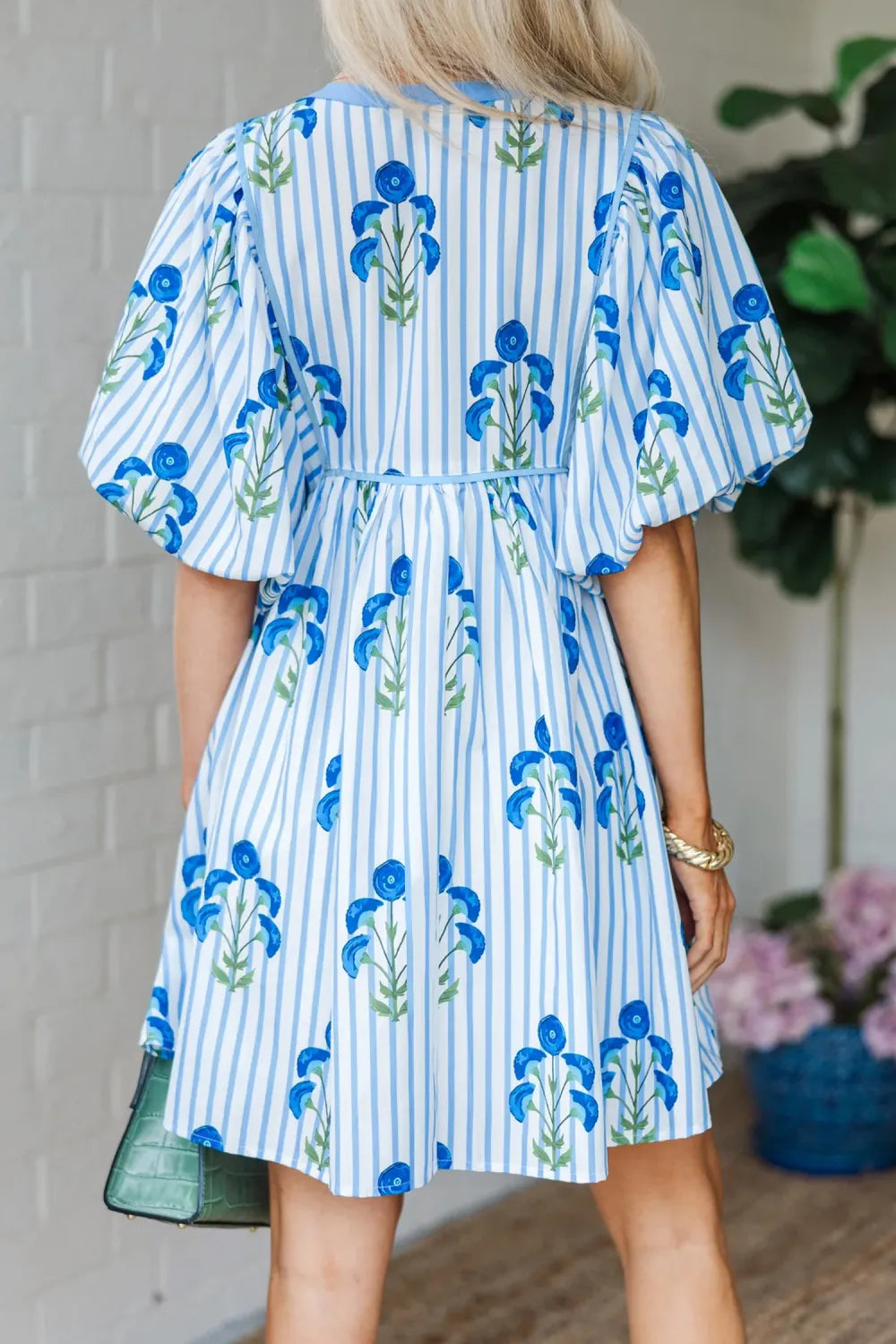 Blue Floral Puff Sleeve Dress