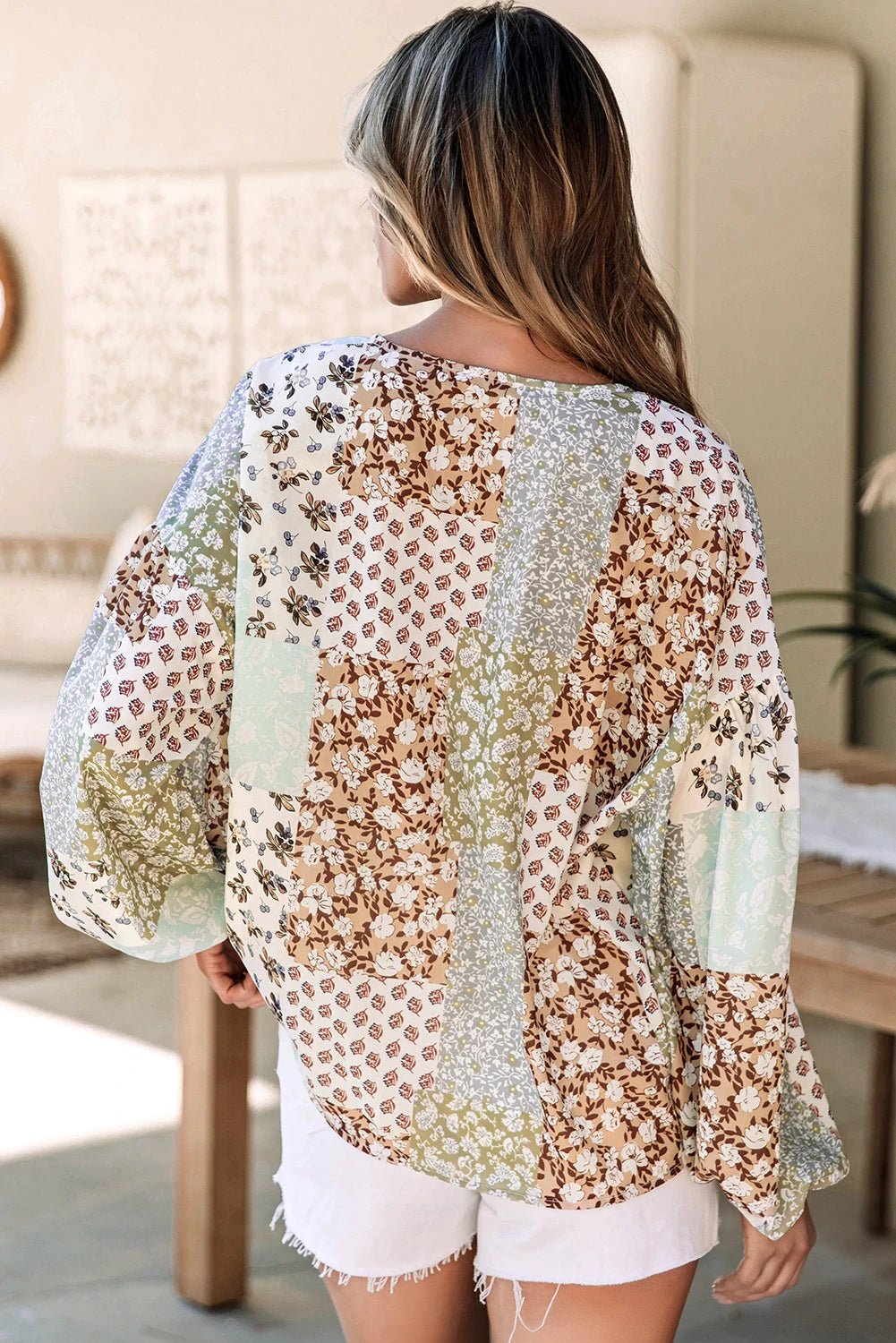 Brown Color Block Floral Blouse