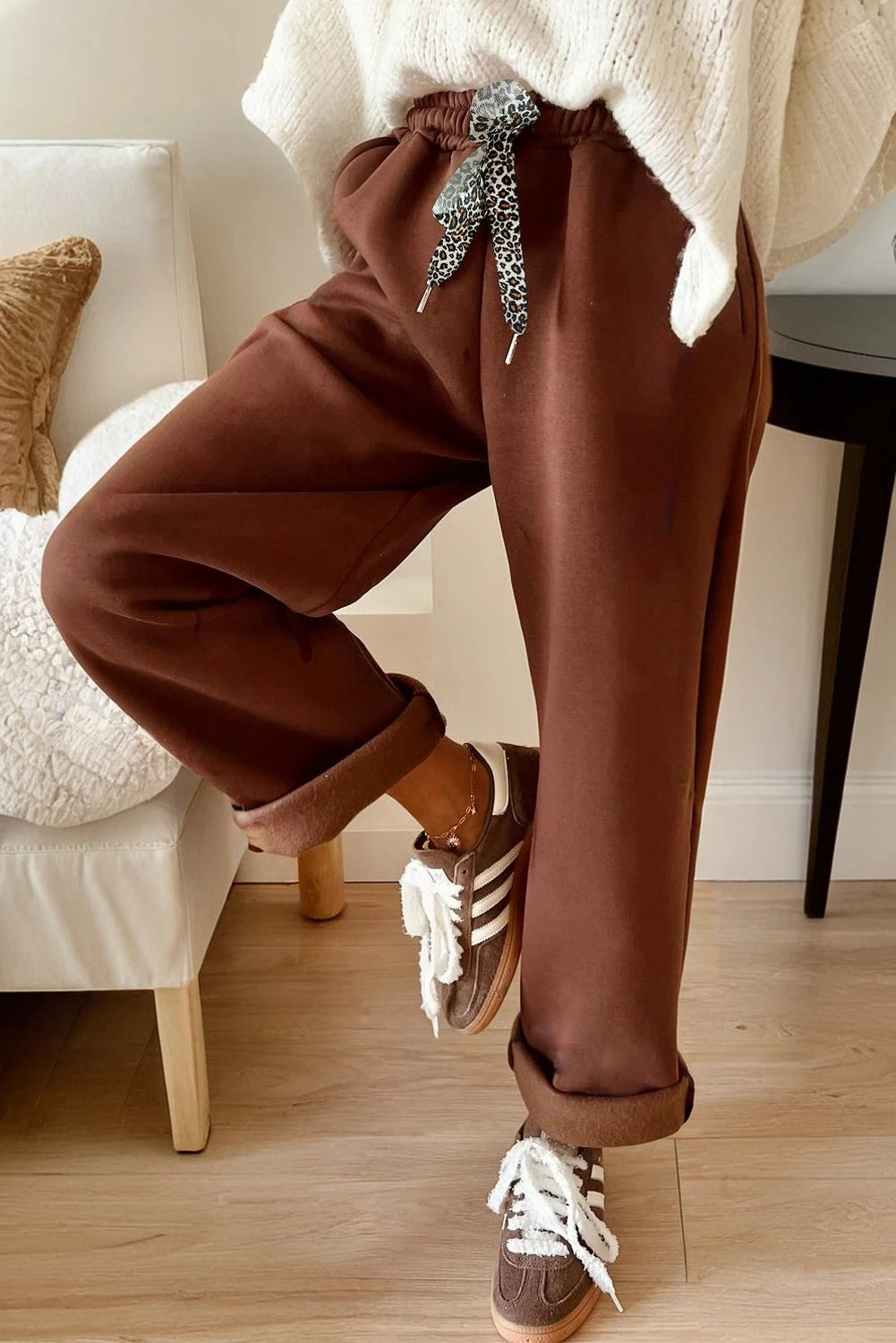 Fleece Lined Pants with Leopard Drawstring