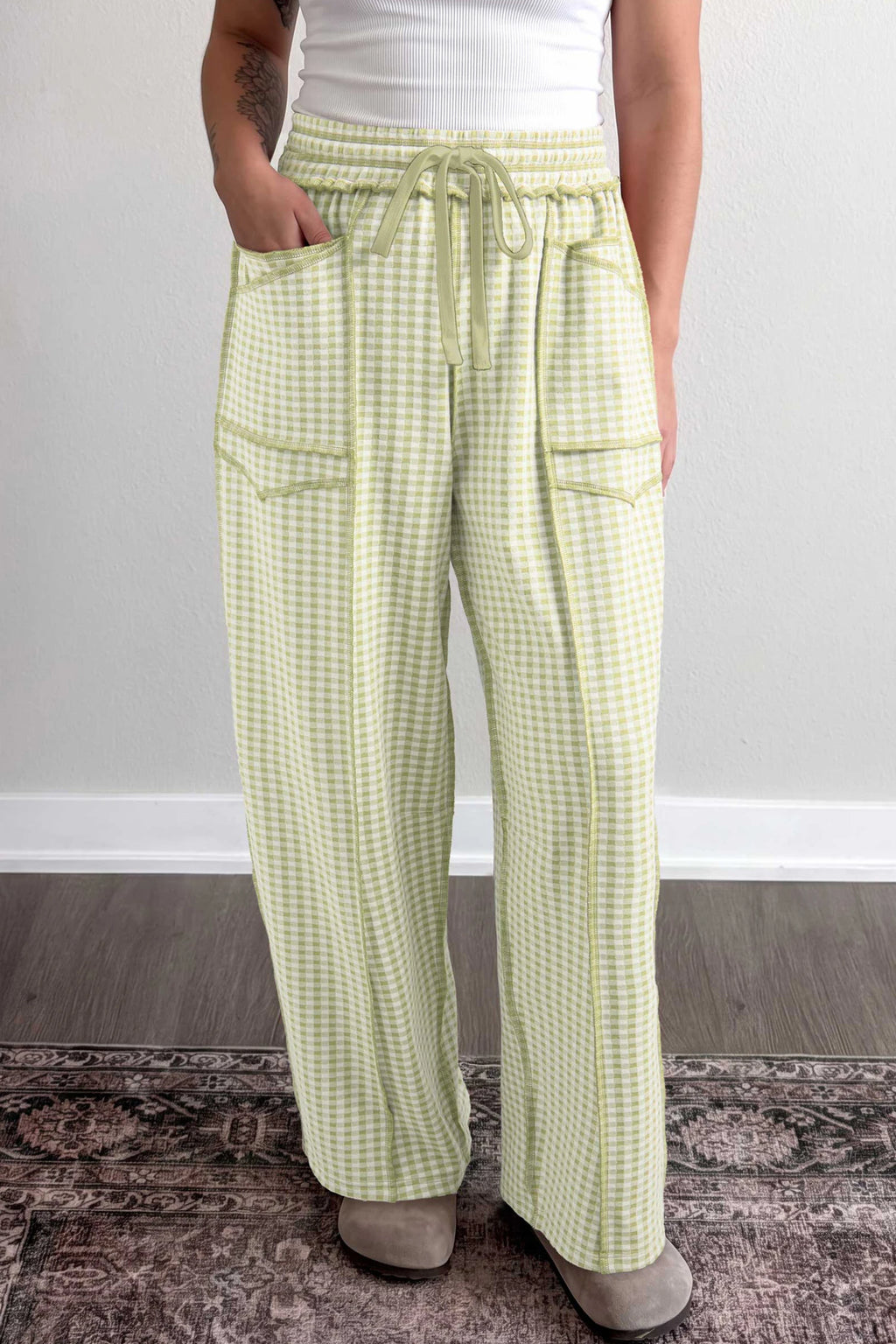 Checkered Elastic Waistband Pants