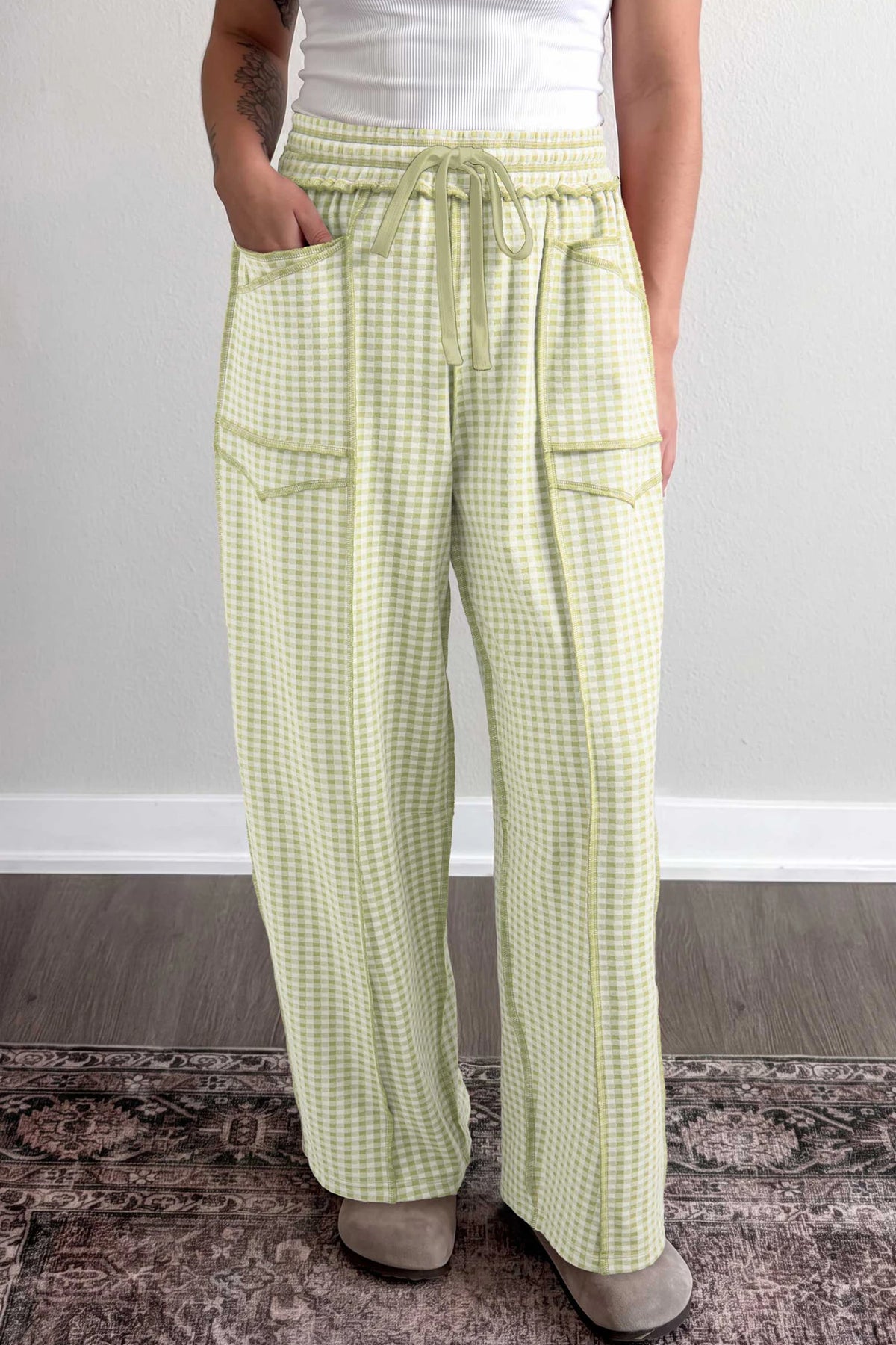 Checkered Elastic Waistband Pants