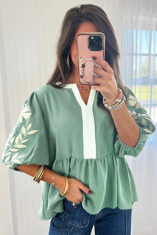 Embroidered Sleeve Babydoll Blouse