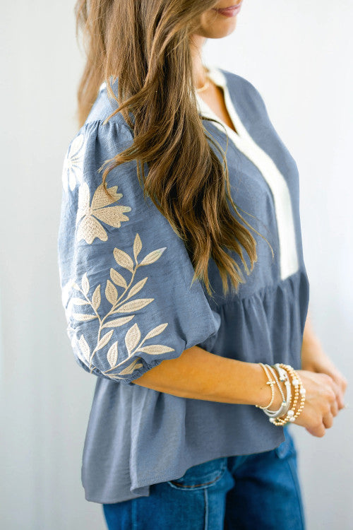 Embroidered Sleeve Babydoll Blouse