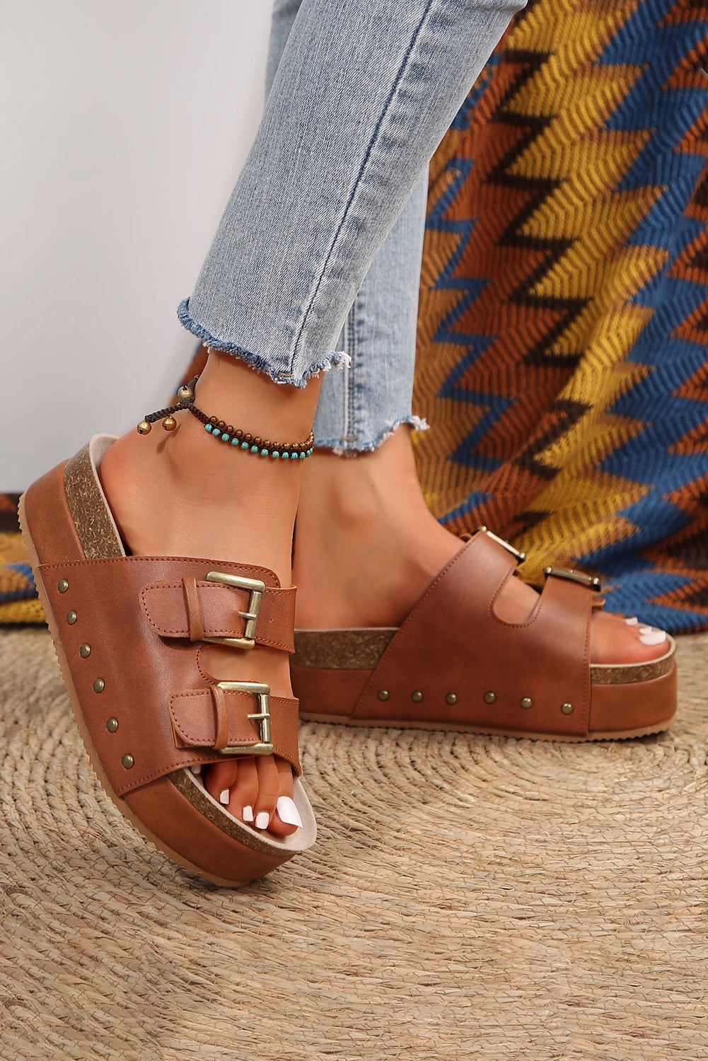 Brown Buckle Platform Sandals