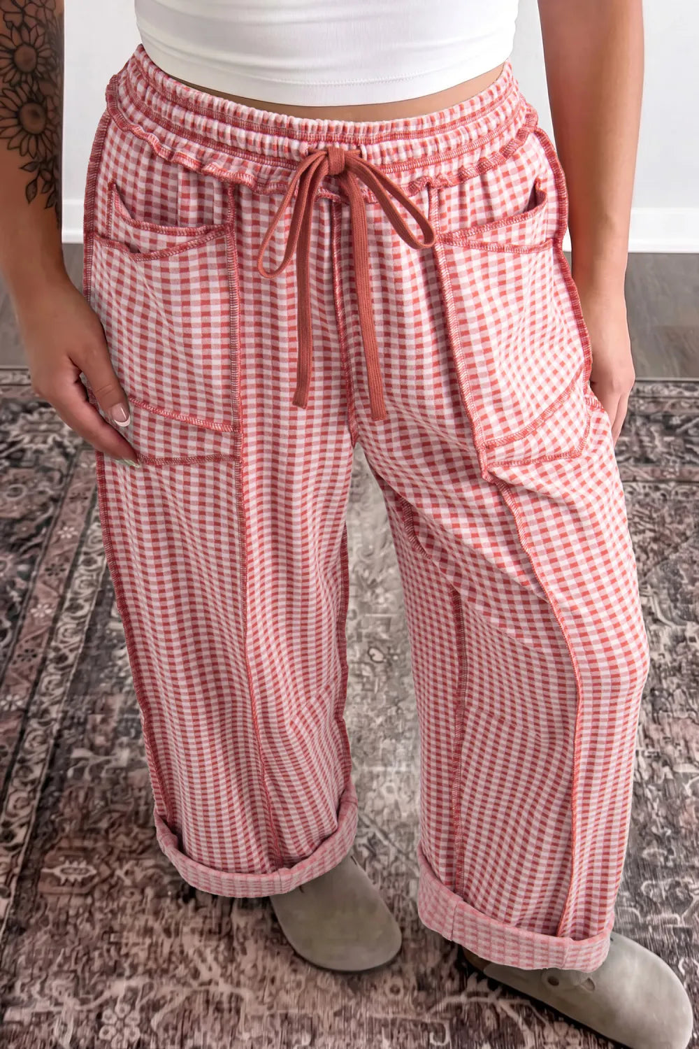 Checkered Elastic Waistband Pants