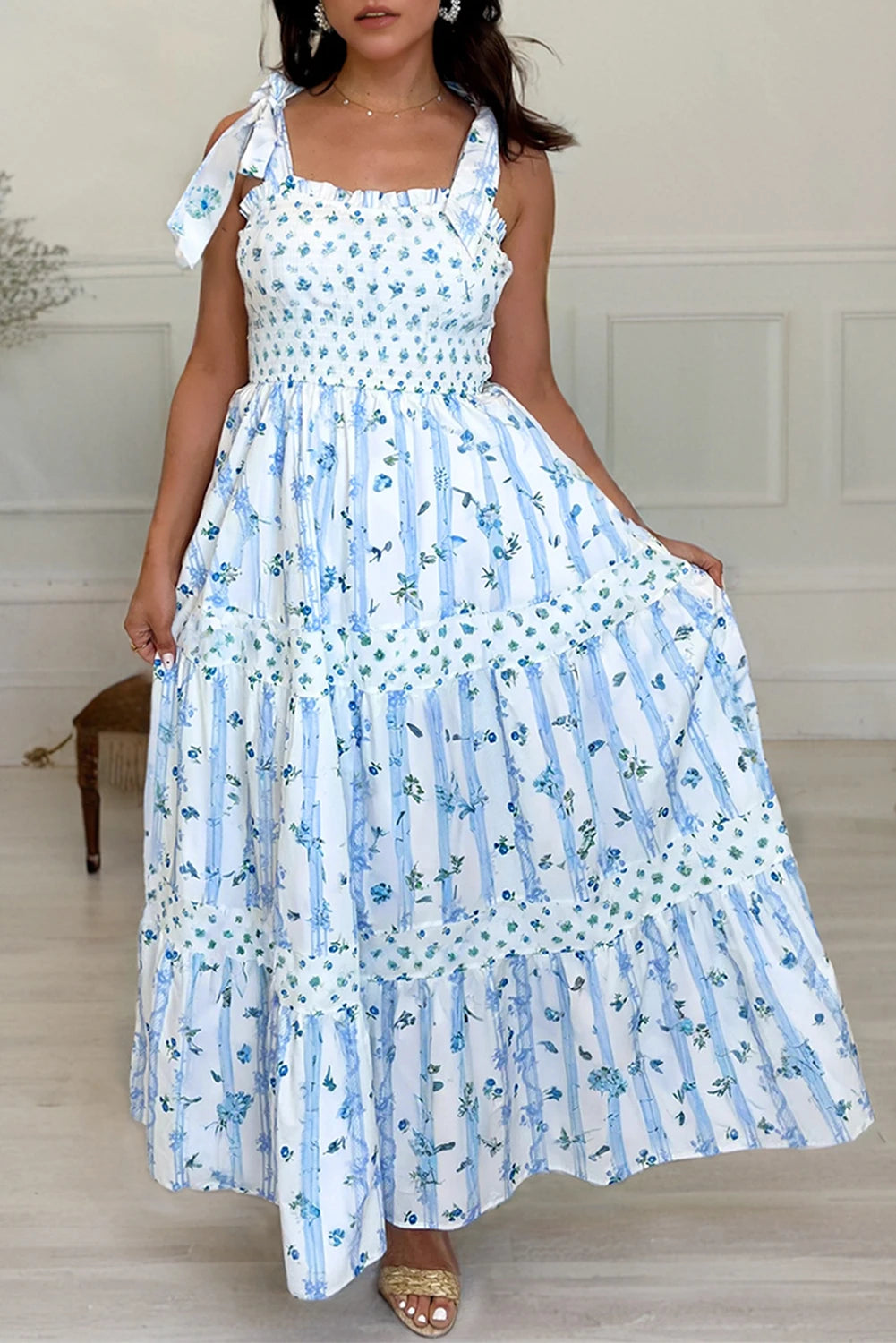 Blue Floral Tiered Maxi Dress