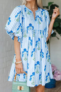 Blue Floral Puff Sleeve Dress