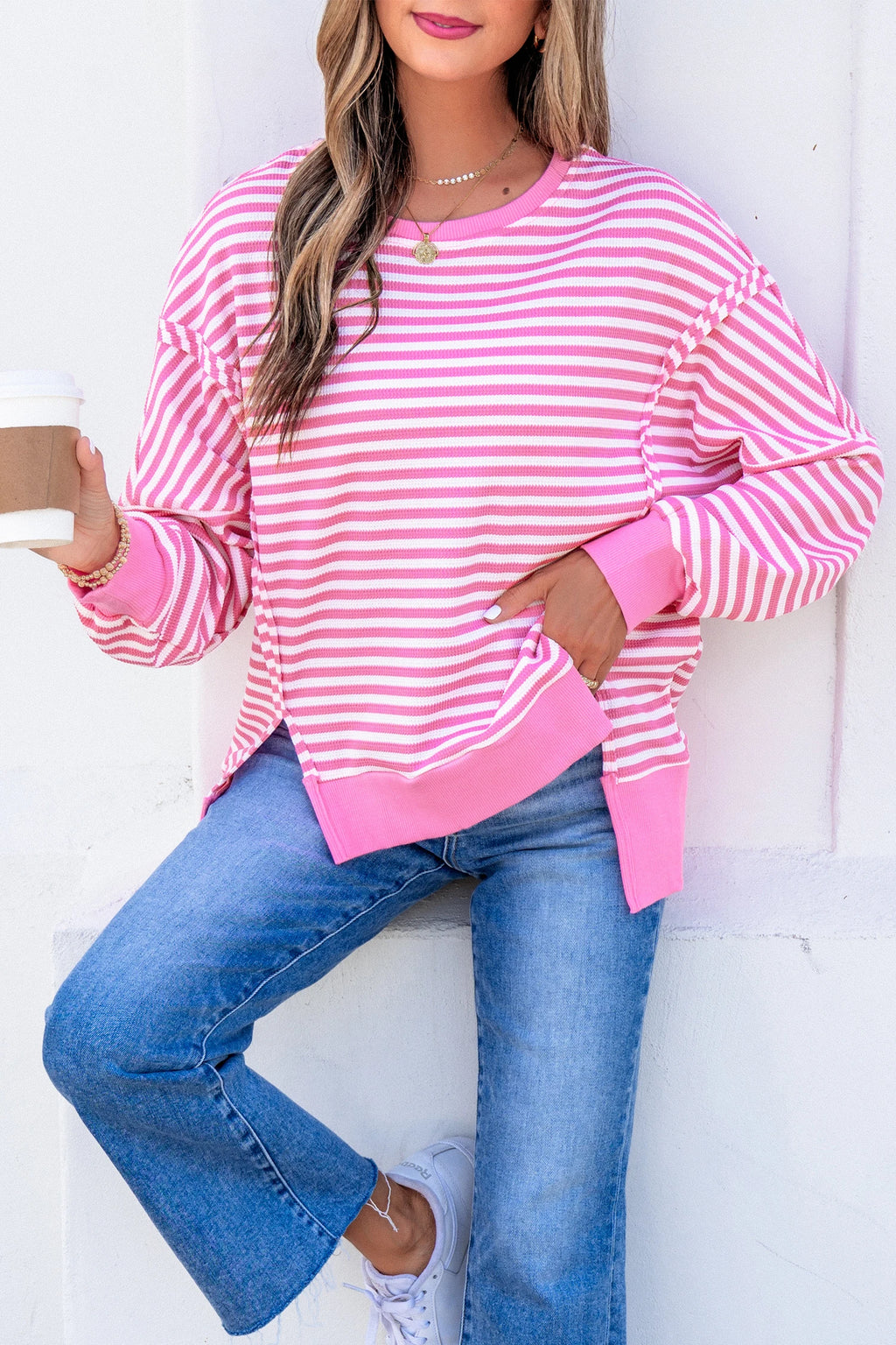 Pink Striped Textured Long Sleeve